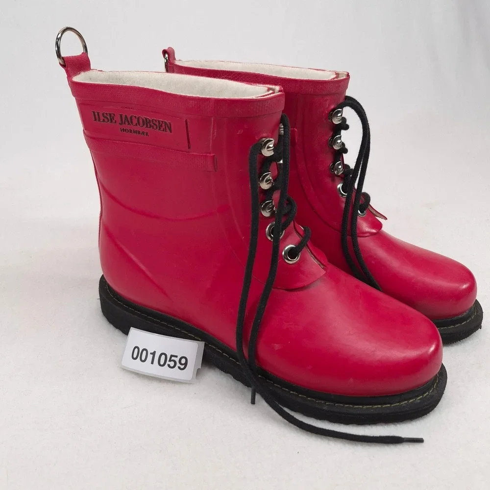 Ilse Jacobsen Rain Boots Red Sz 38 Lace Up Waterproof Fleece Lined Danish Design